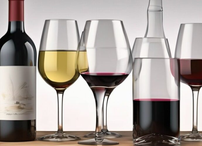 wine glasses on a table with different types of wine